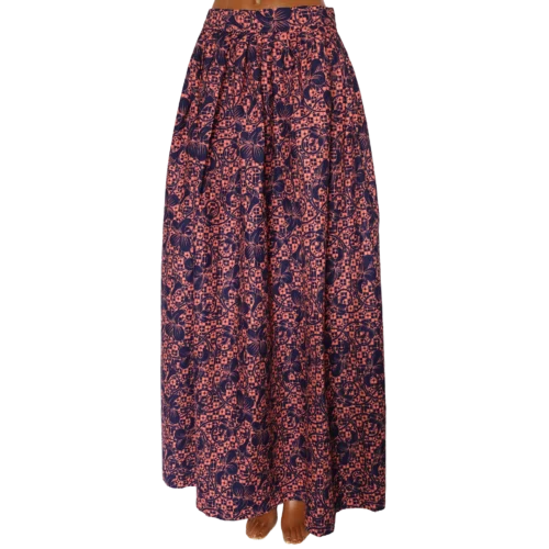 Women's Long/Maxi skirt in blue and coral abstract design fabric  - Waist 28 inches (UK Size 10)