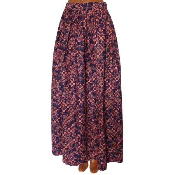 Women's Long/Maxi skirt in blue and coral abstract design fabric  - Waist 28 inches (UK Size 10)