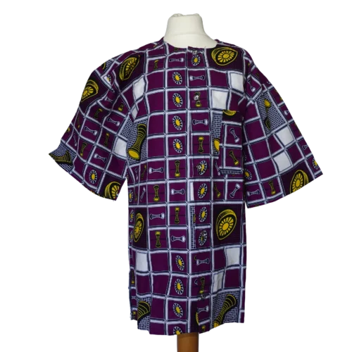 Men's Collarless Purple/Yellow Geometric Short Sleeve Shirt - 44 inch chest