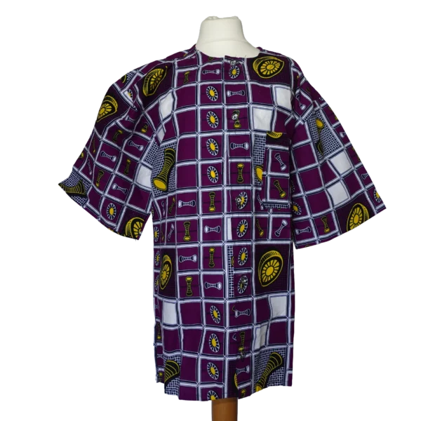 Men's Collarless Purple/Yellow Geometric Short Sleeve Shirt - 44 inch chest