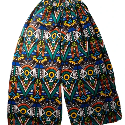 Women's Big Flare pants in multicoloured geometric 100% Ankara cotton design - One Size (UK 6 to 16)