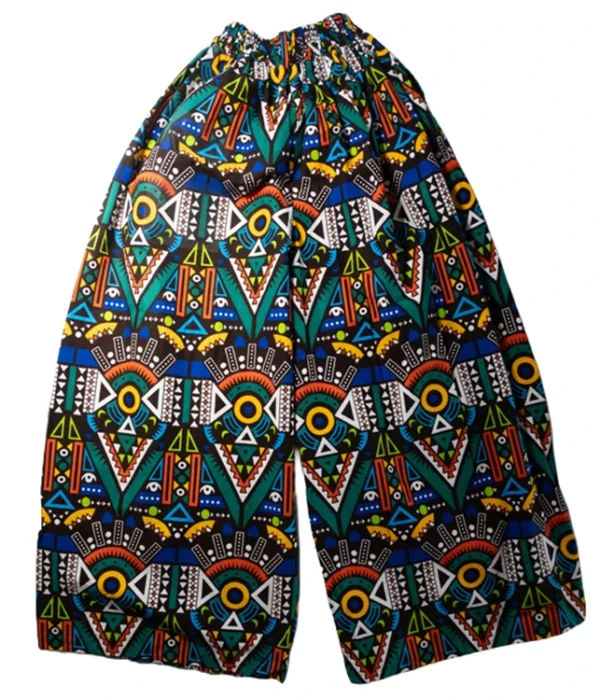 Women's Big Flare pants in multicoloured geometric 100% Ankara cotton design - One Size (UK 6 to 16)