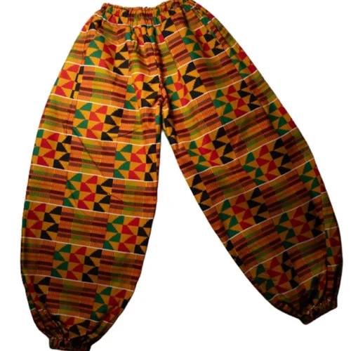 Women's Harem pants in gold and multicoloured geometric 100% Ankara cotton design - One Size (UK 6 to 16)