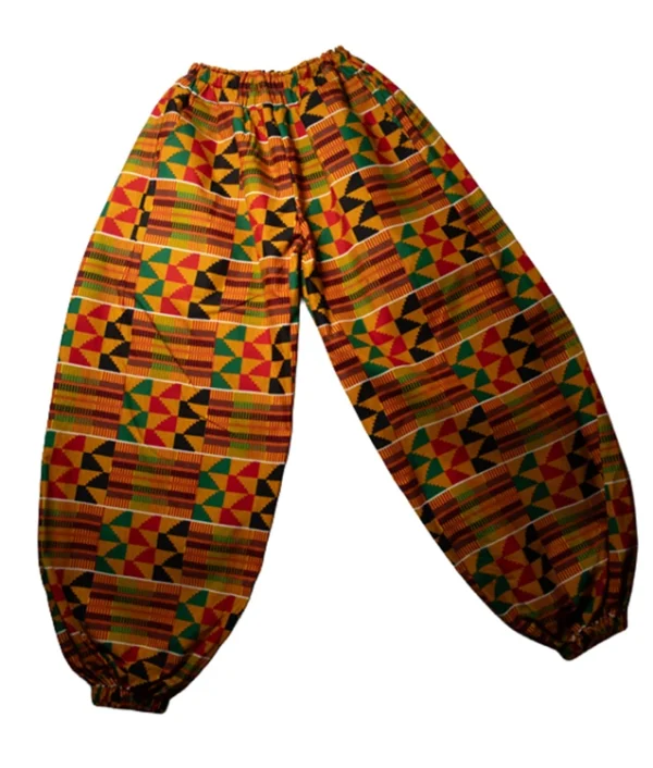 Women's Harem pants in gold and multicoloured geometric 100% Ankara cotton design - One Size (UK 6 to 16)