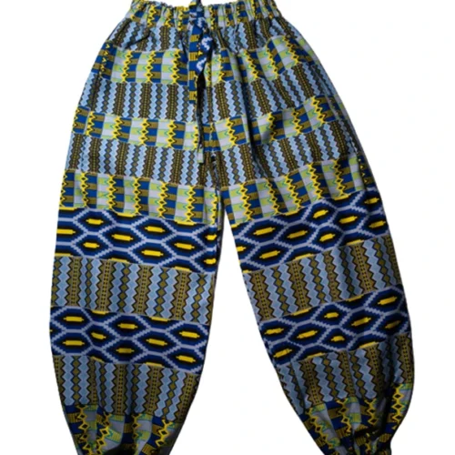 Women's Harem pants in blue/light blue/yellow 100% Ankara cotton design - One Size (UK 6 to 16)