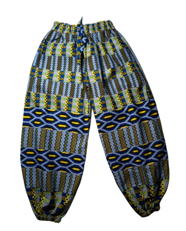 Women's Harem pants in blue/light blue/yellow 100% Ankara cotton design - One Size (UK 6 to 16)