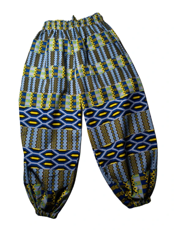 Women's Harem pants in blue/light blue/yellow 100% Ankara cotton design - One Size (UK 6 to 16)
