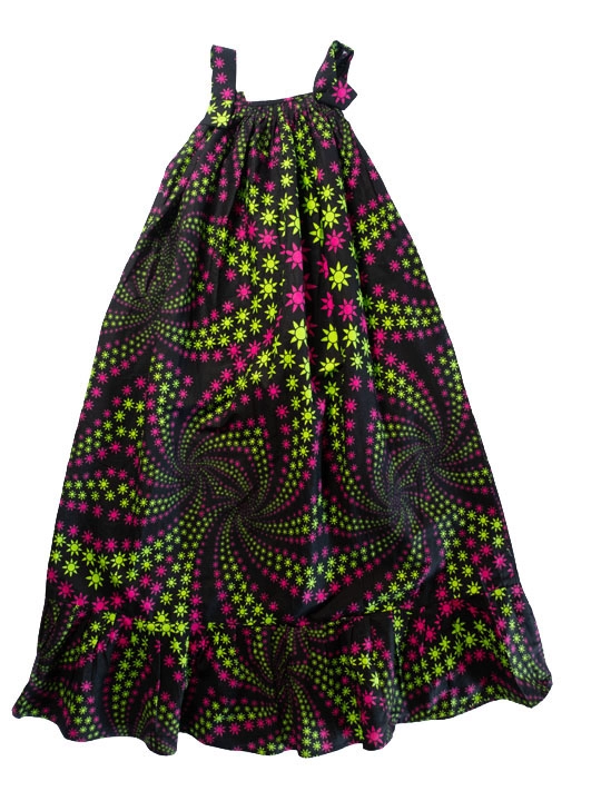 Women's Strap Dress - Unique green/pink on black design - One Size (UK size 6 to 16)